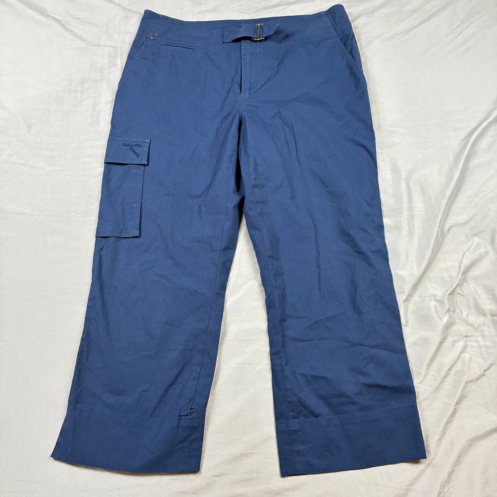 Ralph Lauren Cargo Utility Pants Womens 8 Blue Buckle Cropped Wide Leg Y2K VTG - Picture 2 of 11